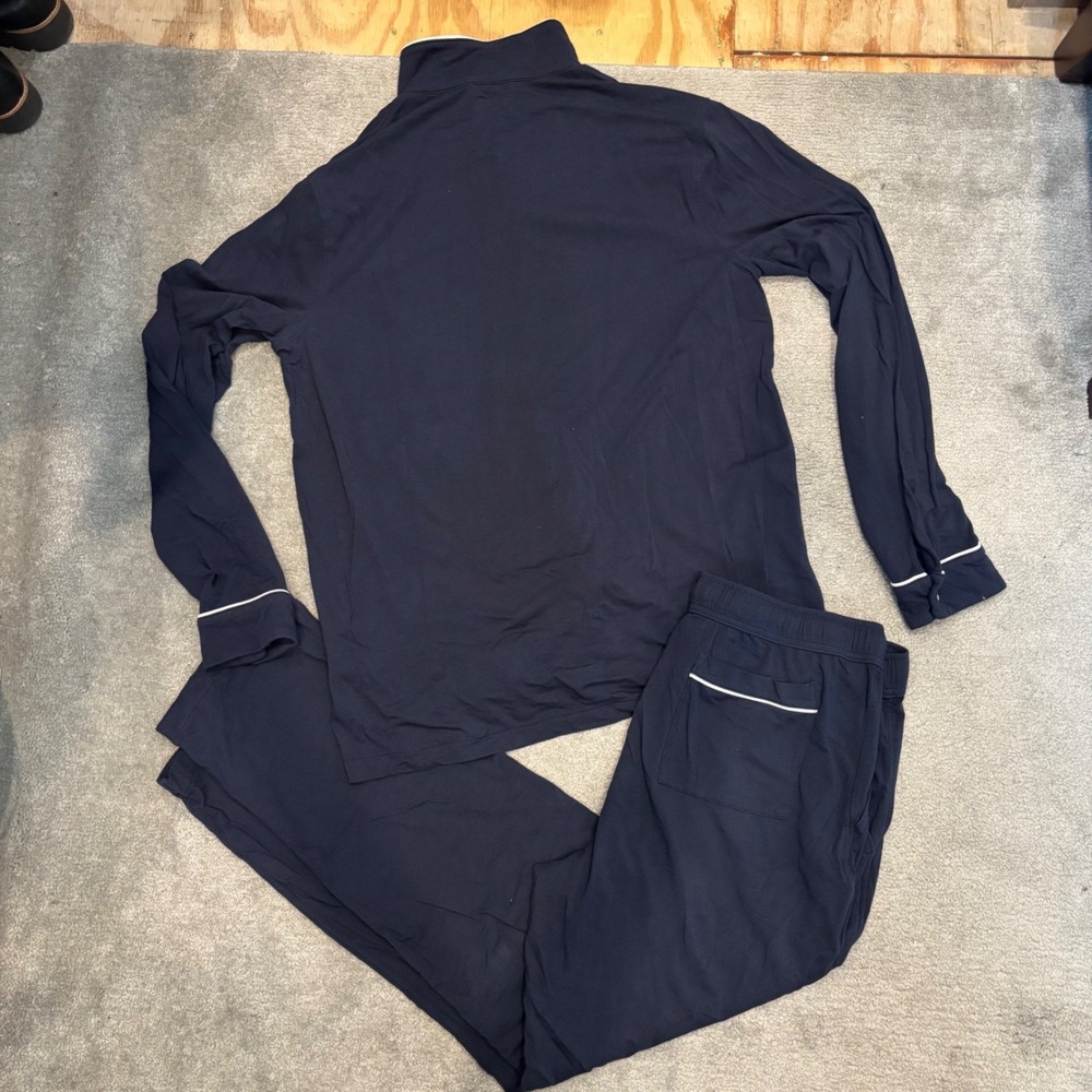 J.Crew Navy Blue Cotton Modal Knit Pajama Set White Piping Long Sleeve Pants L - Picture 2 of 10